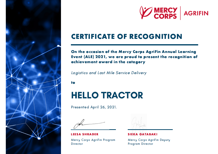 Hello Tractor Certificate of Recognition